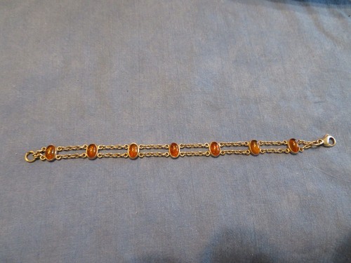 Bracelet Souple Argent 925 Et Ambre Cognac - Longueur 18.5 Cm - Occasion - Sans Marque