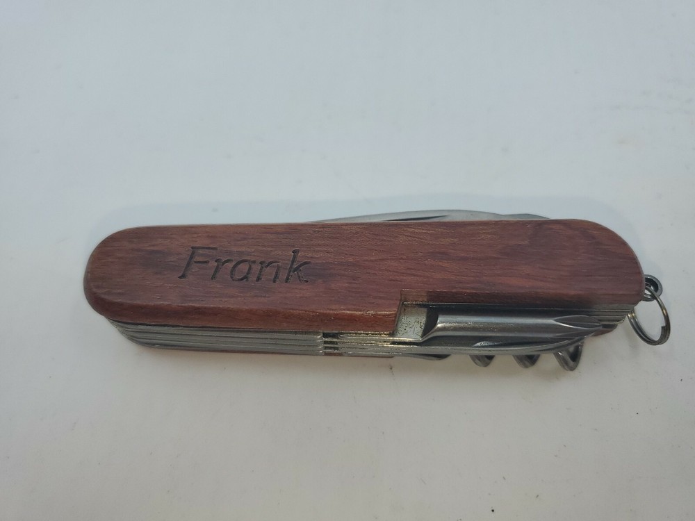 Multi-tool Pocket Knife Frank Kansas Buffalo Engraved  On Wood  Handle