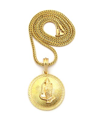 Hip Hop Round Praying Hand Pendant 24'' Box, Cuban,Franco Chain Necklace XSP455