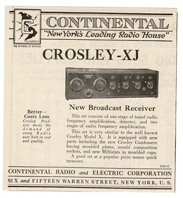 1924 Crosley XJ Radio Broadcast Receiver Continental Vintage Print Ad