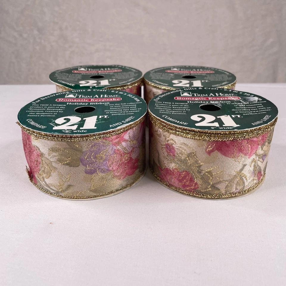 Vtg Floral Kmart Ribbon 4 rolls Romantic Gold Trim 21ft x 2" Timeless Decor - Image 2 of 4