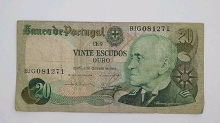 1978 Banco De PORTUGAL 20 Portuguese Escudos Banknote Serial No. BJG 081271