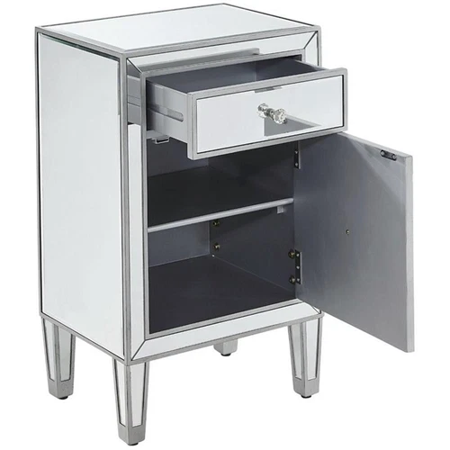 Elegant Decor Reflexion 1 Door Mirrored End Table in Antique Silver - Picture 3 of 11