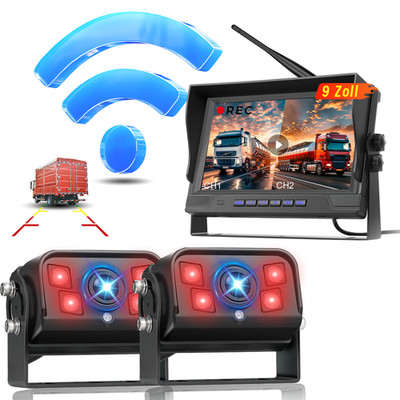 9'' LCD Monitor Rückfahrkamera Set 2 x FUNK Kabellos Rückseiten Kamera Bus LKW