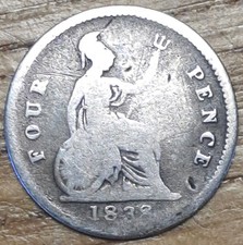 1838 Queen Victoria Young Head Groat 4d 1.7 grams Sterling Silver Worn Condition