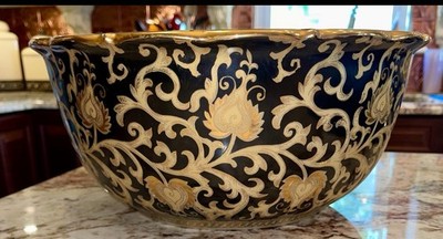 Amita Porcelain HUGE Decorative Table Garden Bowl Planter Gold Leaf Black New