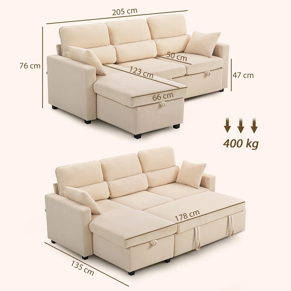 HOMCOM Divano Letto Angolare con Contenitore e 2 Cuscini in Velluto Coste Beige - Immagine 4 di 4