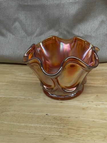 Orange Marigold Iridescent Carnival Glass Ruffled Edge Bowl Vintage Dish see pic