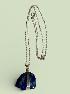 Sterling Silver Blue Azurite Lapis Fetish Bear Pendant Necklace 16 