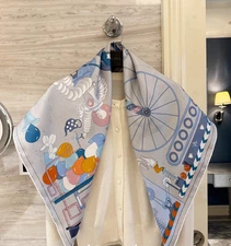 Pure 18 Momme Silk Wrap Scarf Bandanna Blue horse Print Square Shawl 86X86cm new