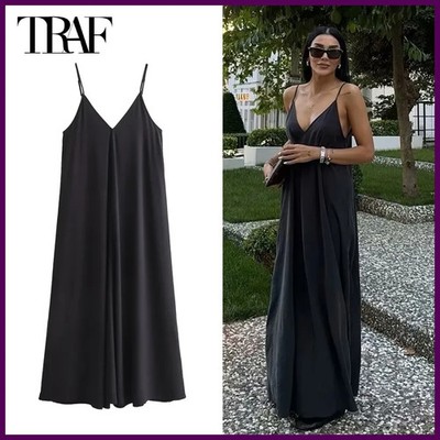 TRAF Black Slip Long Dresses for Women Red Draped Summer Dress Woman 2025