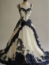 Black and White Lace Victorian Princess Wedding Dresses Lace Appliques Button