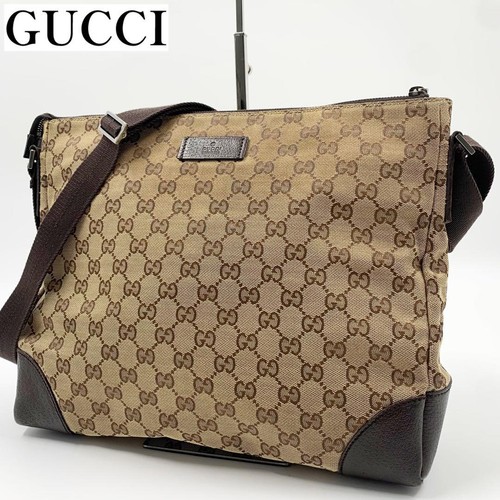 Gucci Shoulder Bag Leather Canvas Brown Used Womens Handbag Purse Crossbody Tote