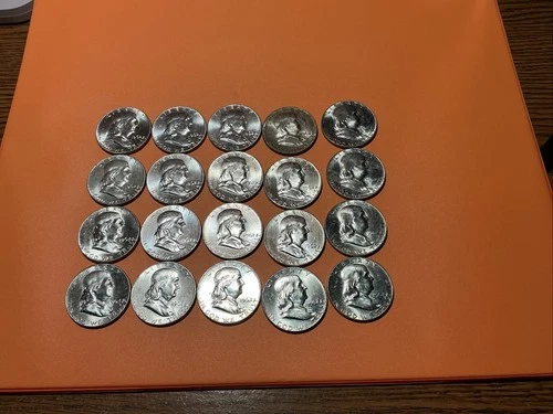 ￼20 Beautiful Uncirculated 1962 Franklin Half Dollars Silver. One Full Roll.