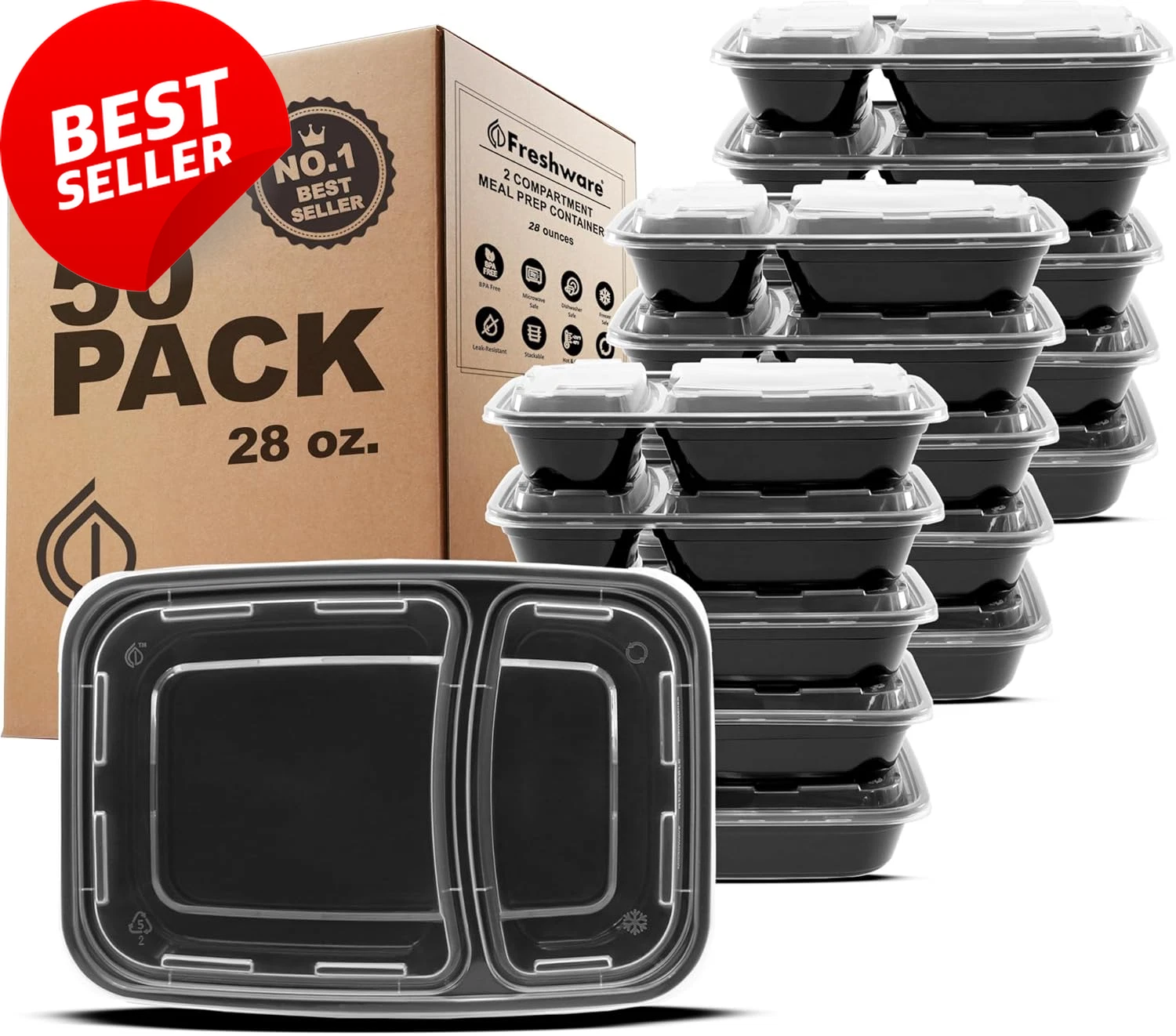 Meal Prep Containers 50Ct 2 Compartment BPA Free 28oz Stackable