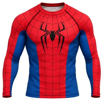 Spider-Man Cosplay Compression Shirt, Red Blue Web Pattern, Long Sleeve Gym Top 