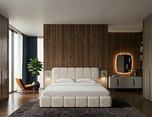 Beiges Schlafzimmer-Set Weiches Bett Holzkonsole Spiegel SchlafzimmermöBel-image