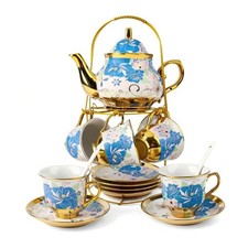 20-Piece European Porcelain Tea Set, Red Floral with Gold Trim  Metal Stand