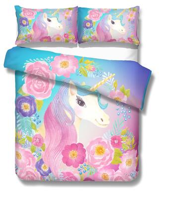 3D Unicorn Floral Cartoon Kids Quilt Cover Set Bedding Sets Pillowcases 64