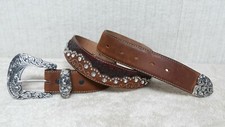 TONY LAMA - Women's Belt - BROWN Hand Tooled Leather RHINE STONES - Size L 36 