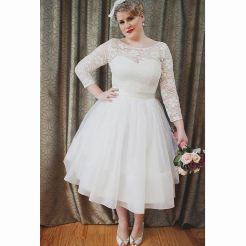 plus size knee length wedding dress Plus Size Short Wedding Dresses Long Sleeve Lace Applique Scoop Neck Bridal Gown