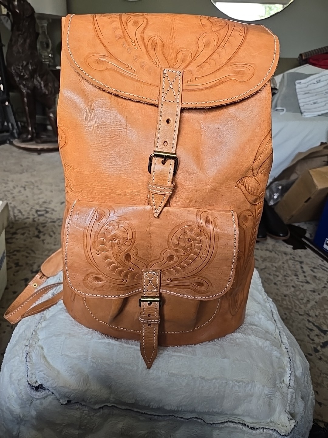 GENUINE HAND TOOLED LEATHER BACKPACK BOOKBAG PURS… - image 2