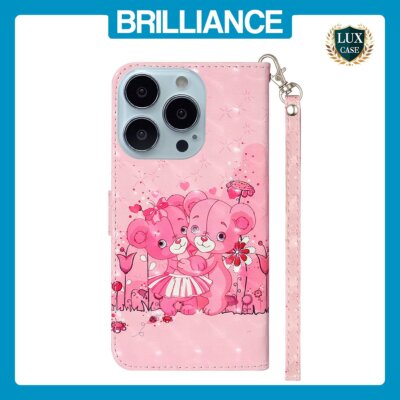 Brilliance LUX iPhone 13 Pro Max Flip PU Leather Wallet 3D Print Pink Bear Case