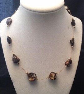 Authentic Handmade Gold Plated Brown Mother Of Pearl Shell Illusion Necklace 17.5” + 2”