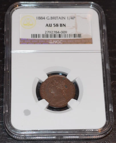 1884 Great Britain Farthing, 1/4 Penny Graded by NGC as AU 58 BN