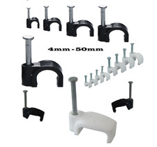 Round Wire Wall Fixing Cable Clips 4mm-50mm or Flat 4mm -16mm in White & Black