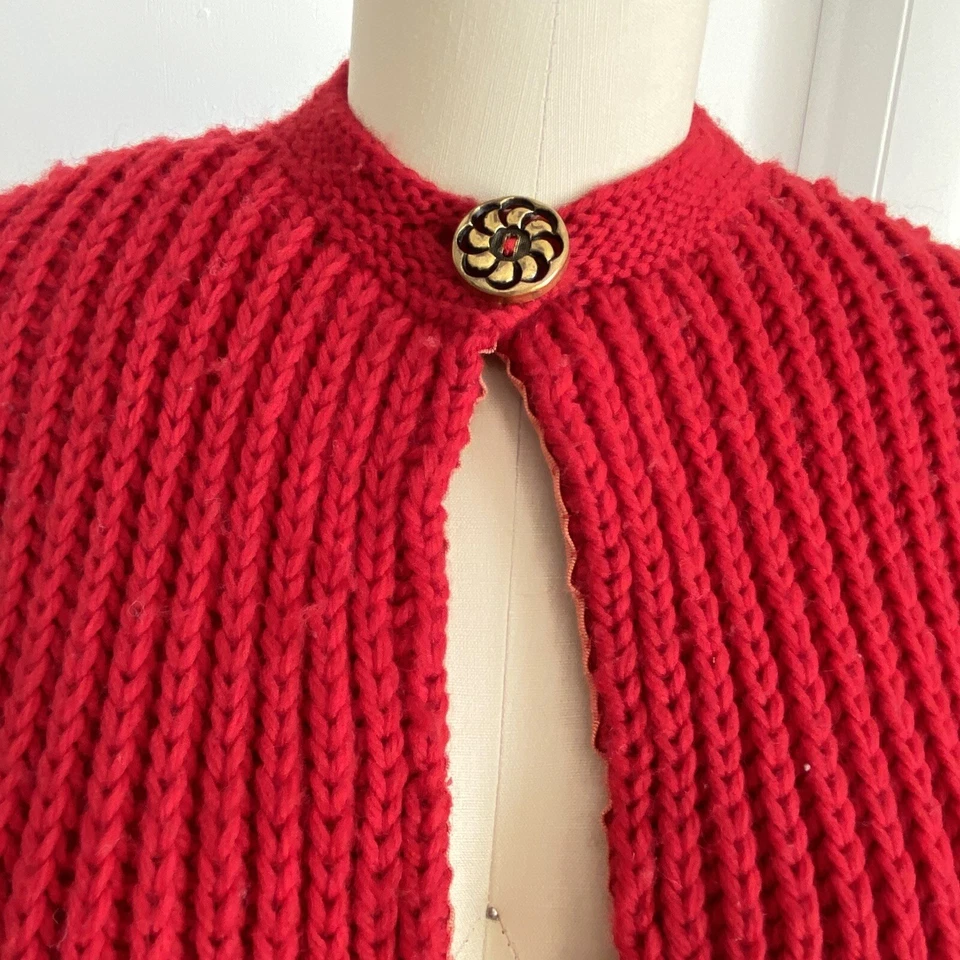 Cárdigan Suéter Vintage Años 50 60 Rojo Lana Recortado Un Botón Grueso Tejido S Foto 2 de 4