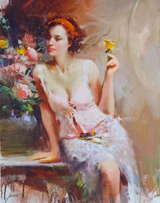 Pino Daeni Sweet Scent Woman & Yellow Rose Portrait art Canvas HAND SIGNED 2/295
