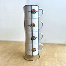 FRIENDS TV Show Central Perk Coffee Cup Stackable Mug Set 4 Silver Holder EUC