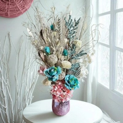 Artificial Floral Arrangement: Blue & Pink Room Decor, Large Table Centerpiece