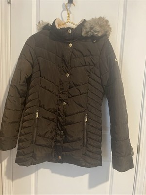 Laundry By Shelli Segal LA Women s M Brown Quilted Jacket Faux Fur Trimmed Hood