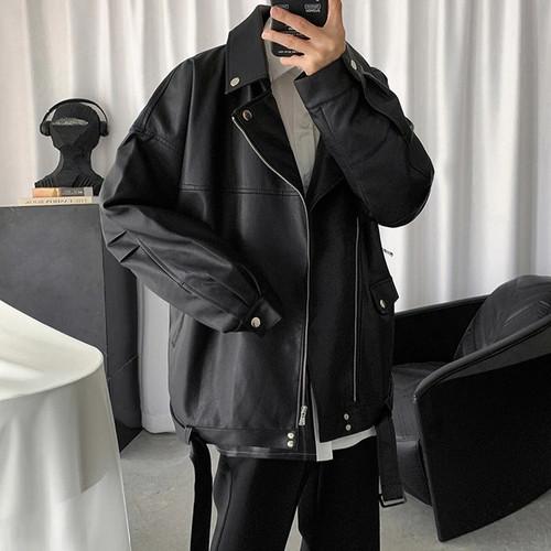 Men's Black Sheepskin Leather Jacket Oversized Loose Baggy Fashion Trendy Coat - Picture 4 of 9