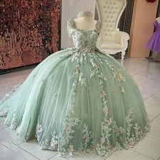 Green Quinceanera Dress Flowers Lace Applique Corset Princess Ball Gown Sweet 16