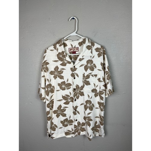 Caribbean Joe Men’s Large White & Brown Hibiscus Hawaiian Shirt 100% Rayon - Picture 1 of 8