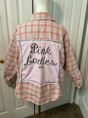 Grease Pink Ladies Upcycled Back Graphic T-Shirt on Flannel - Size Women's Small