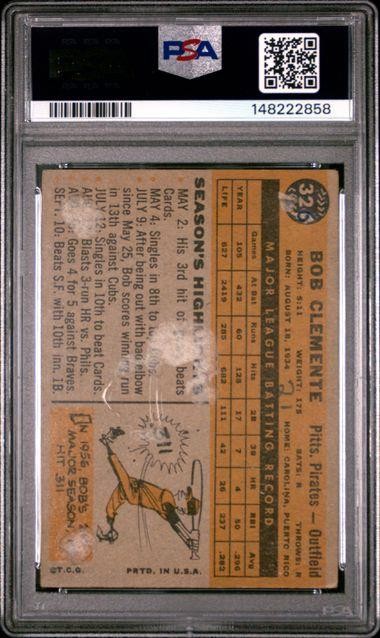 1960 Topps Baseball Card ROBERTO CLEMENTE Pittsburgh Pirates #326 PSA 1.5mk view 2