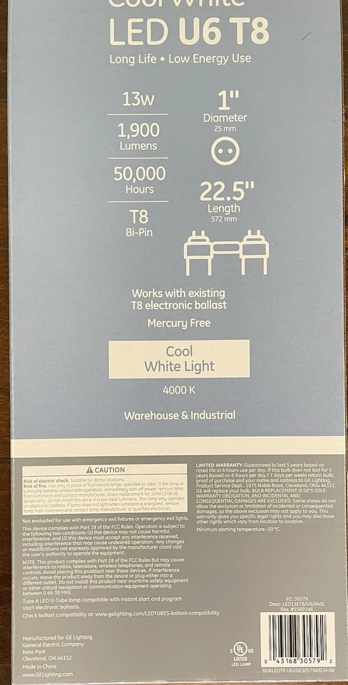 GE 13-Watt Cool White G6 T8 U-Bend LED  22 1/2-Inches 4000K New - Image 4 of 4
