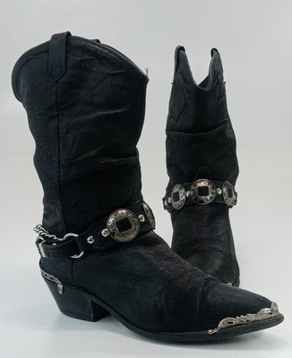 Dingo Women's Olivia Slouch Chain Harness Concho Black Leather Boots Size 7M