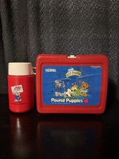 Pound Puppies Lunchbox Lunch Box Thermos Red Plastic 1987 Vintage