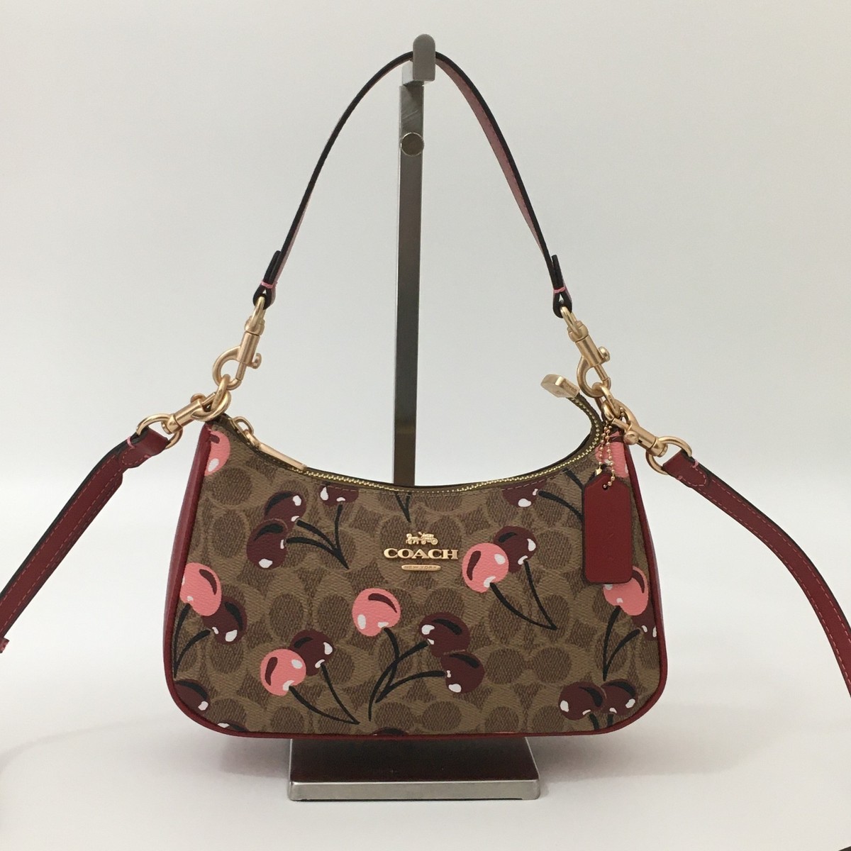COACH CY694 Teri Shoulder Bag Signature Canvas Cherry Print Tan