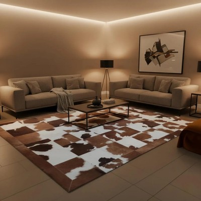 Modern Cowhide Patchwork Area Rug Brown White Geometric Handmade Leather Carpet