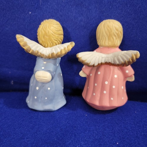 Vintage Bisque Ceramic Kissing Angels HandPainted Blue &PinkPolka Dots 3.5"Tall - Picture 4 of 5