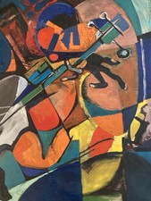 Beautiful Modern Painting Oil On Canvas Cubism Jazz Music 1980 To Identify