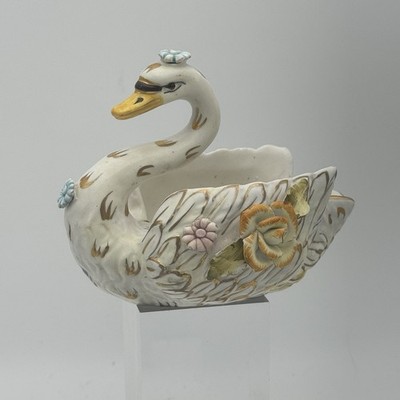 Vintage 50 s-60 s Ardalt Fiori Antico Swan Bowl Gilded w/ Flowers No Chips Italy