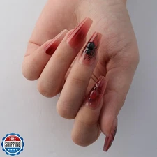 Halloween Press on Nails Coffin Nail Medium Square with Spider Designs, Blood