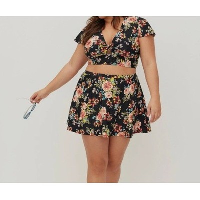 Torrid Swimsuit Set Size 0 Black Floral Flutter Sleeve Bikini Skirted Bottom